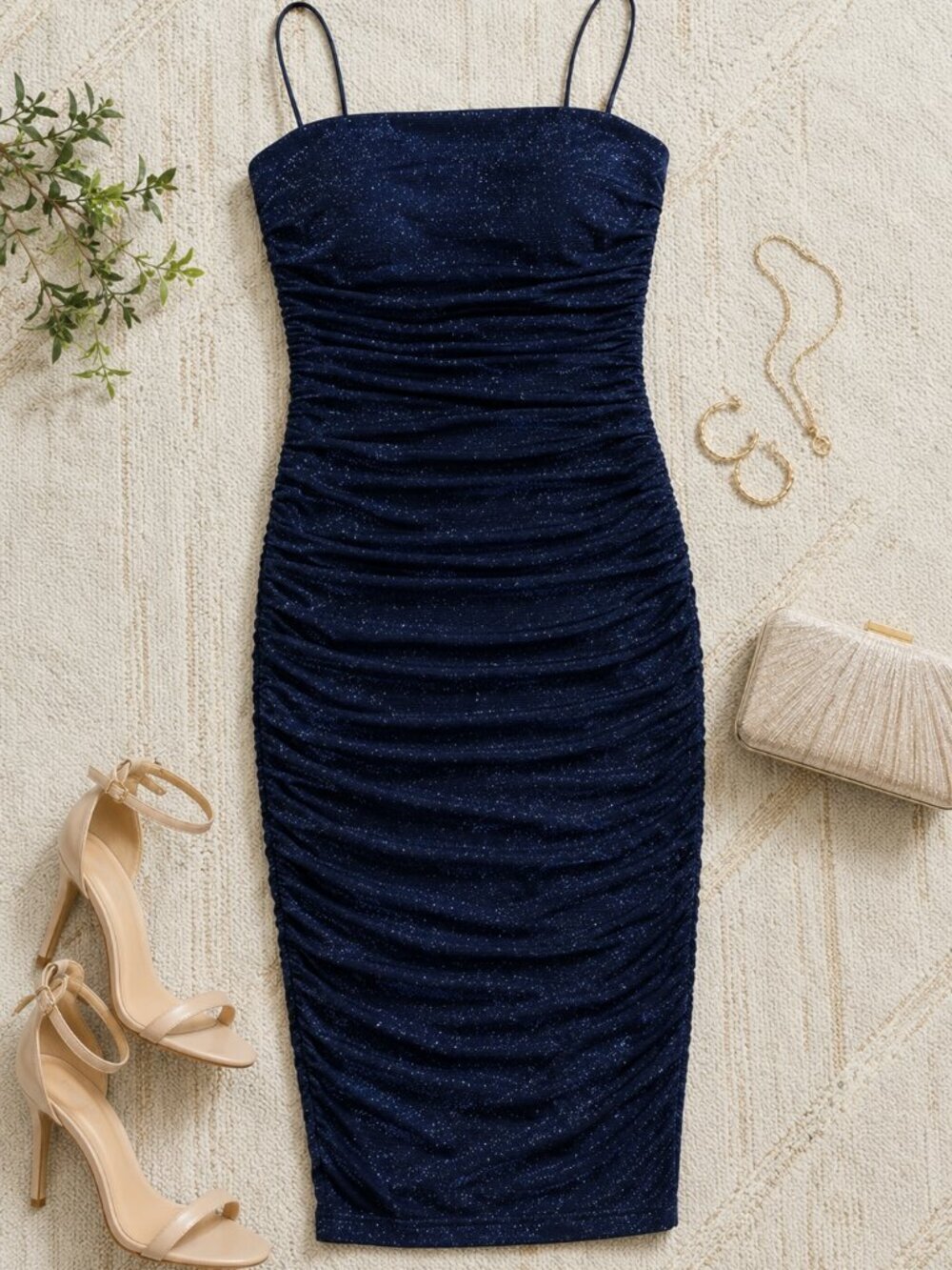 B Darlin Square-Neck Glitter Bodycon Midi Dress Navy Size Small NWT